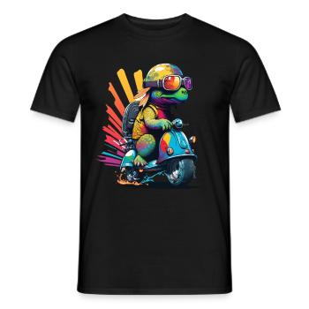Funny colorful turtle on a scooter - Men's T-Shirt - black - Front - AI Model Male 178 light (178cm)