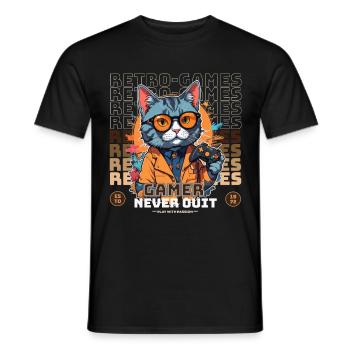 Retro Games Gamer Never Quit Katzenmotiv - Männer T-Shirt - Schwarz - Vorne - AI Model Male 178 light (178cm)