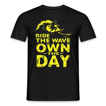 Surfer Ride the Wave – Own the Day Saying - Men's T-Shirt - black - Front - AI Model Male 178 light (178cm)