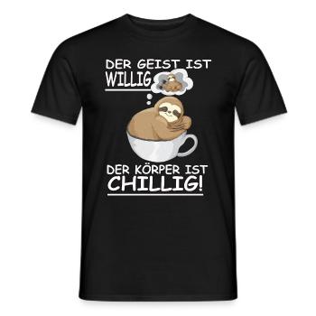 Faultier Spruch Geist ist willig, Körper Chillig - Männer T-Shirt - Schwarz - Vorne - AI Model Male 178 light (178cm)