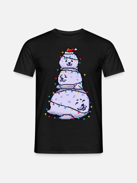 Chonky Seal Schneemann Weihnachtslichter Pixel Art - Männer T-Shirt - Schwarz