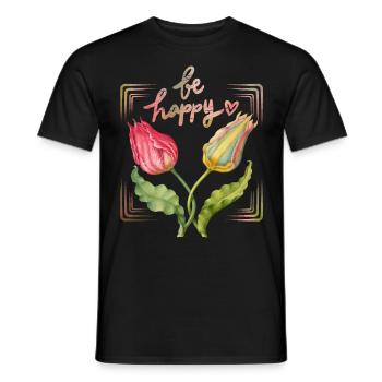 Be-happy, motivation, saying with vintage tulips - Men's T-Shirt - black - Front - AI Model Male 178 light (178cm)
