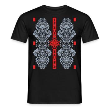 Cross of Christ, Baroque, Jesus Saves, Saying - Men's T-Shirt - black - Front - AI Model Male 178 light (178cm)