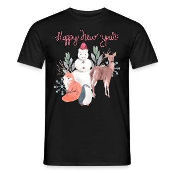 Bonne année avec bonhomme de neige et cerf - T-shirt homme - noir - Devant - AI Model Male 178 light (178cm)