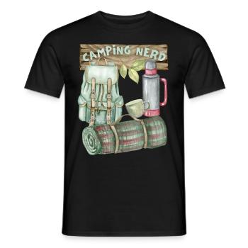Camping, camping nerd, backpack, funny saying - Men's T-Shirt - black - Front - AI Model Male 178 light (178cm)
