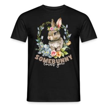 Rabbit, Rabbit Kawaii Illustration with Flowers - Men's T-Shirt - black - Front - AI Model Male 178 light (178cm)