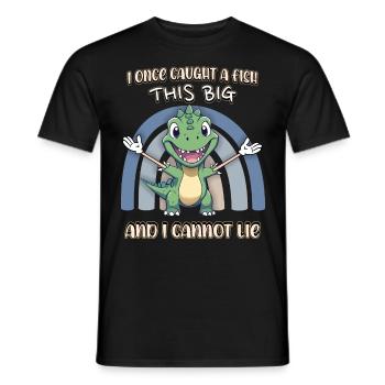 Dino Angler, Fishing, Funny Comic Dinosaur - Men's T-Shirt - black - Front - AI Model Male 178 light (178cm)