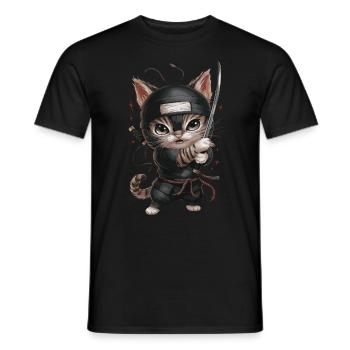 Chat ninja avec une épée en action - Mignon - T-shirt homme - noir - Devant - AI Model Male 178 light (178cm)