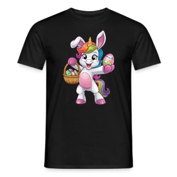 Colorful unicorn with easter eggs in basket - Men's T-Shirt - black - Front - AI Model Male 178 light (178cm)