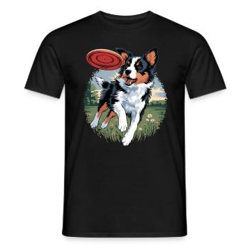 chien joyeux jouant au frisbee dans le vert - T-shirt homme - noir - Devant - AI Model Male 178 light (178cm)
