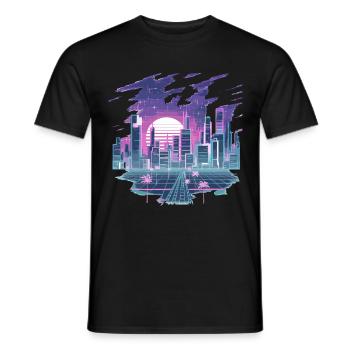 Retro Futuristic Cityscape in Neon Look - Men's T-Shirt - black - Front - AI Model Male 178 light (178cm)