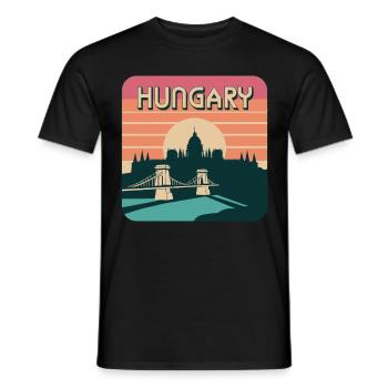 Hungary silhouette with chain bridge and parliament - Men's T-Shirt - black - Front - AI Model Male 178 light (178cm)