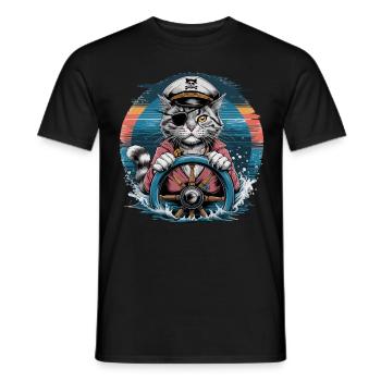 Kapitän Katze Mit Piratenhut Am Steuerrad In - Männer T-Shirt - Schwarz - Vorne - AI Model Male 178 light (178cm)