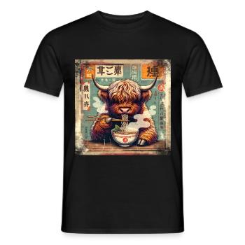 Ramen Highland Cow Grunge Poster Style - Men's T-Shirt - black - Front - AI Model Male 178 light (178cm)