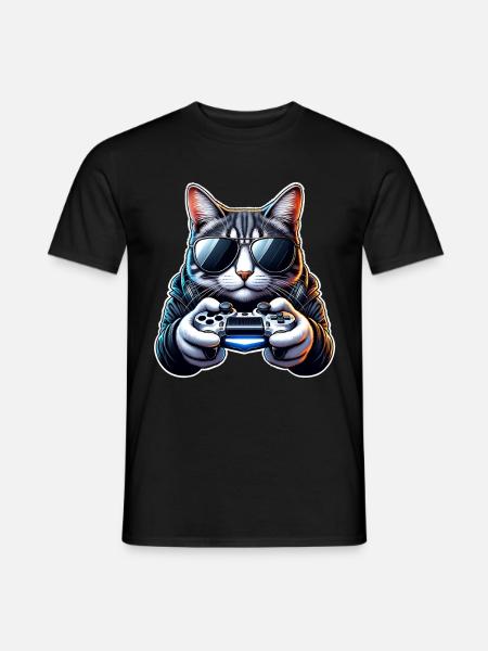 Katze Gamer Gaming Nerd - Männer T-Shirt - Schwarz