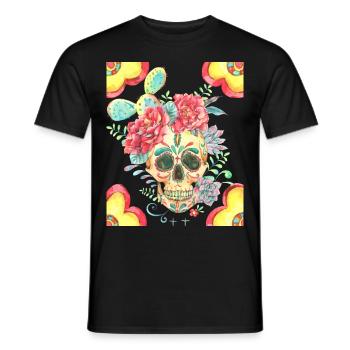Crâne de sucre mexicain avec fleurs et cactus - T-shirt homme - noir - Devant - AI Model Male 178 light (178cm)