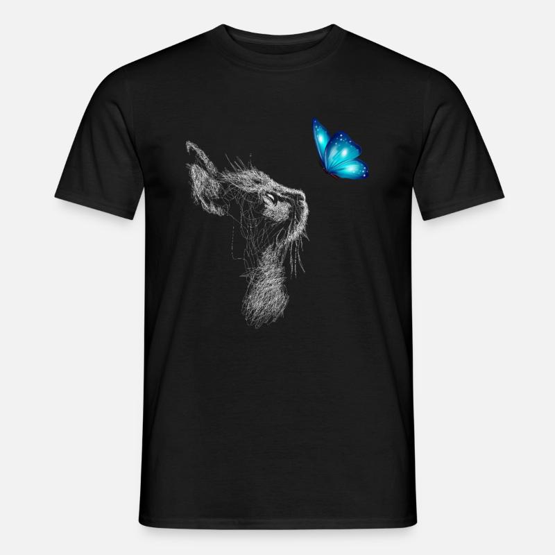 Schwarze Katze mit blauem Schmetterling - Männer T-Shirt - Schwarz
