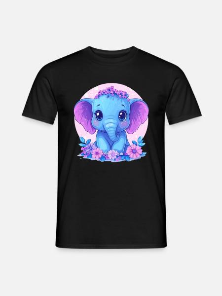 Blauer Baby Elefant Mit Blumen - Männer T-Shirt - Schwarz