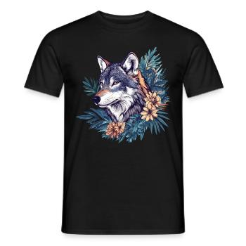 Wild wolf with flowers - Men's T-Shirt - black - Front - AI Model Male 178 light (178cm)