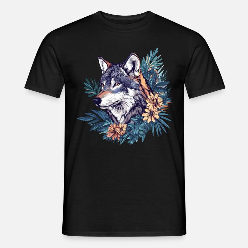 Wilder Wolf mit Blumen - Männer T-Shirt - Schwarz