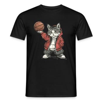 Chat de basket-ball à capuche - T-shirt homme - noir - Devant - AI Model Male 178 light (178cm)