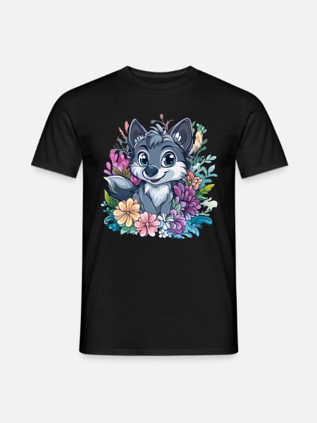 Flower Wolf Cartoon Style - Men's T-Shirt - black