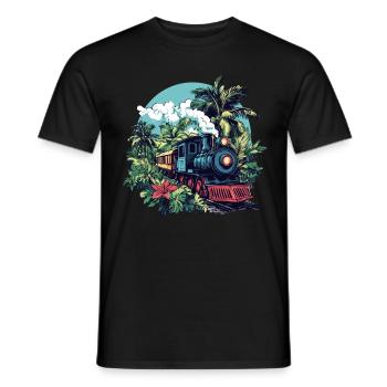 Steam locomotive through palm trees - Men's T-Shirt - black - Front - AI Model Male 178 light (178cm)