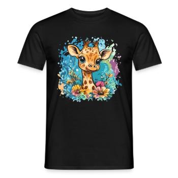Cheerful giraffe with flowers - Men's T-Shirt - black - Front - AI Model Male 178 light (178cm)