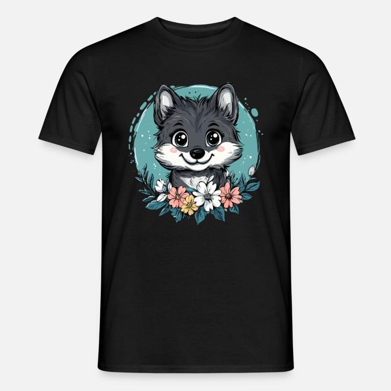 Süßer Wolf mit Blumen - Männer T-Shirt - Schwarz