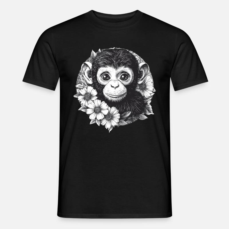 Schwarz-Weiß Affe mit Blumen - Männer T-Shirt - Schwarz