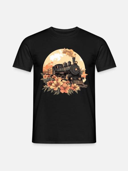 Nostalgischer Zug mit Blumen - Männer T-Shirt - Schwarz