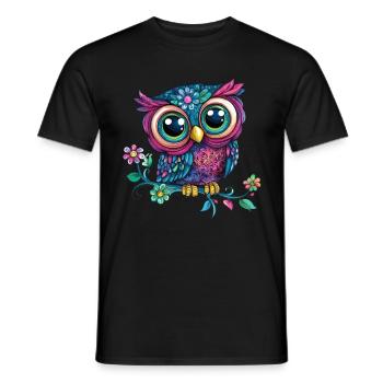 Colorful owl on branch - Men's T-Shirt - black - Front - AI Model Male 178 light (178cm)