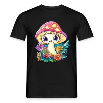 Happy toadstool in the flower field - Men's T-Shirt - black - Front - AI Model Male 178 light (178cm)