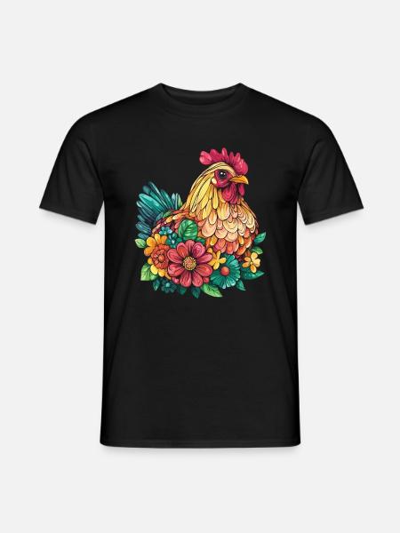 Farbenfrohes Huhn mit Blumen - Männer T-Shirt - Schwarz