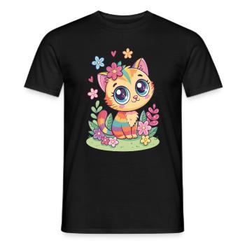 Chat arc-en-ciel avec des fleurs - T-shirt homme - noir - Devant - AI Model Male 178 light (178cm)