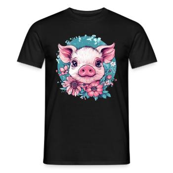 Rosa Schweinchen mit Blumen - Männer T-Shirt - Schwarz - Vorne - AI Model Male 178 light (178cm)