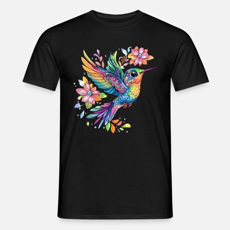 Bunter Kolibri mit Blumen - Männer T-Shirt - Schwarz