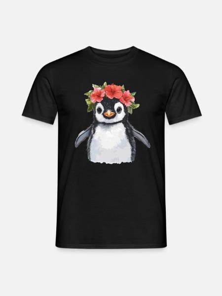Pinguin mit Blütenkranz - Männer T-Shirt - Schwarz