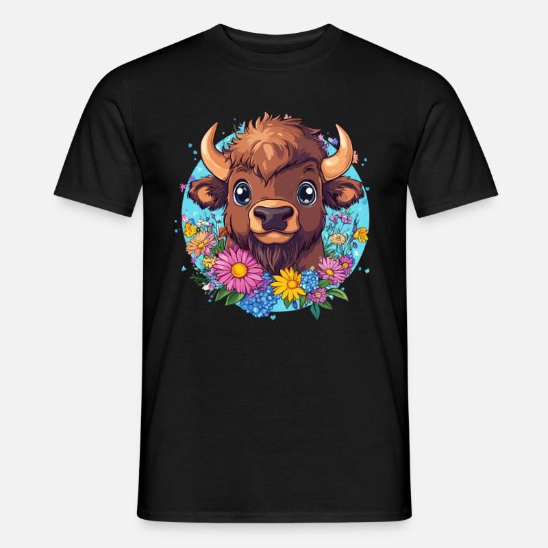 Bison mit Blumenkranz - Männer T-Shirt - Schwarz