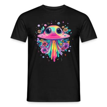 UFO with Rain of Flowers - Men's T-Shirt - black - Front - AI Model Male 178 light (178cm)