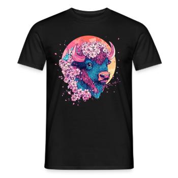 Bison with flowers - Men's T-Shirt - black - Front - AI Model Male 178 light (178cm)