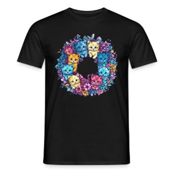 Chats colorés dans une couronne de fleurs - T-shirt homme - noir - Devant - AI Model Male 178 light (178cm)