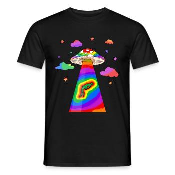 Kidcore Aesthetic Alien UFO Kidnapping Mushroom - Men's T-Shirt - black - Front - AI Model Male 178 light (178cm)