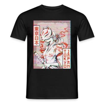 Samurai Kitsune Fox Mask Vaporwave Aesthetic - Men's T-Shirt - black - Front - AI Model Male 178 light (178cm)