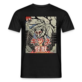 Kaiju Kitsune Nine-tailed Fox Kanagawa Wave - Men's T-Shirt - black - Front - AI Model Male 178 light (178cm)