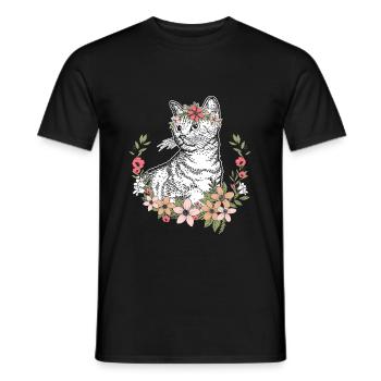 Chat avec fleurs Filles - Félins - T-shirt homme - noir - Devant - AI Model Male 178 light (178cm)