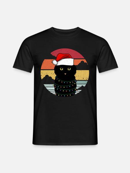 Weihnachtskatze mit Weihnachtslichtern - Männer T-Shirt - Schwarz