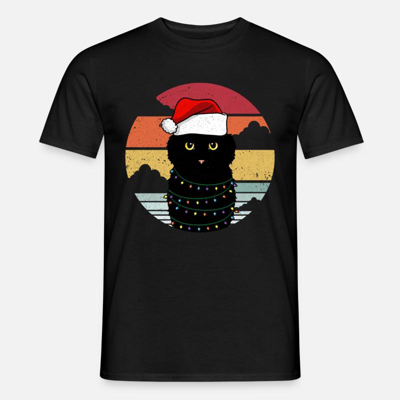 Weihnachtskatze mit Weihnachtslichtern - Männer T-Shirt - Schwarz