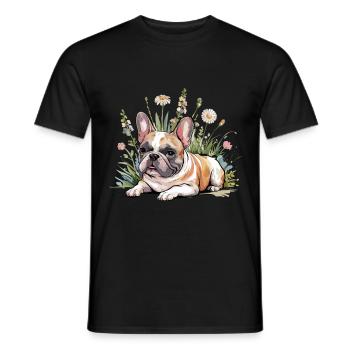 Französische Bulldogge im Blumenfeld Entspannung - Männer T-Shirt - Schwarz - Vorne - AI Model Male 178 light (178cm)