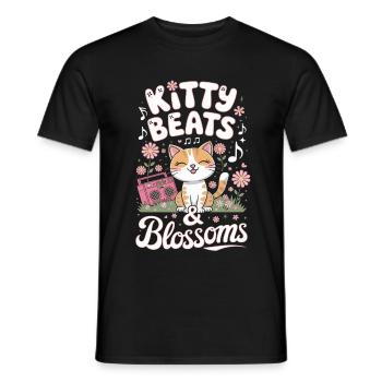 Kitty Beats & Blossoms Musikliebe Katzenfreunde - Männer T-Shirt - Schwarz - Vorne - AI Model Male 178 light (178cm)
